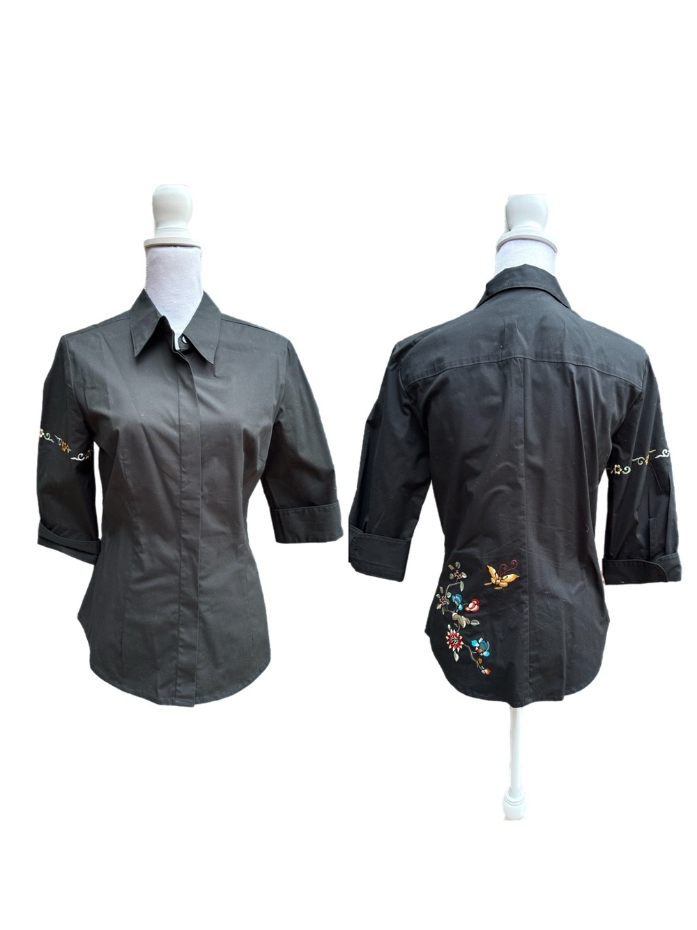 Vintage Express Embroidered Black Fitted 3/4 Sleeve Button-Up Women's Shirt